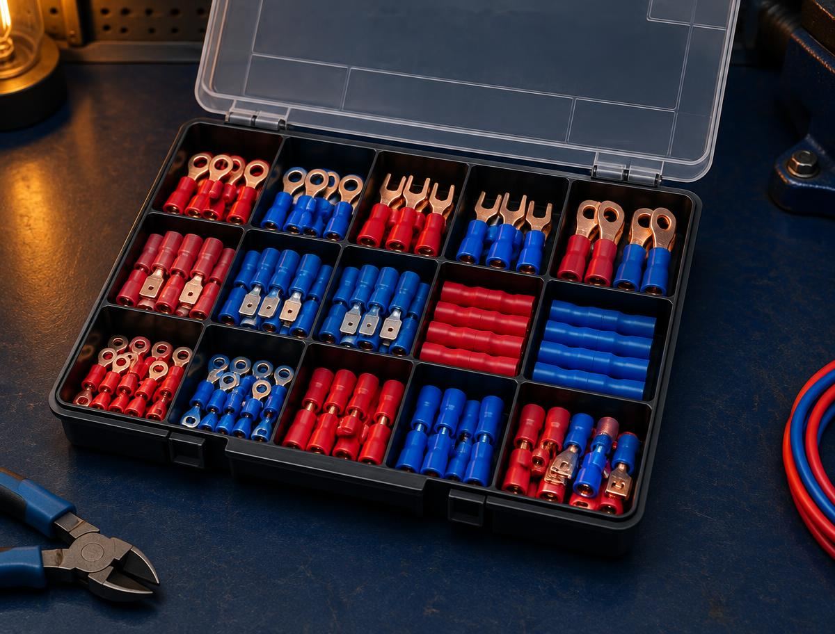 Assorted insulated copper crimp terminals in an organizer case