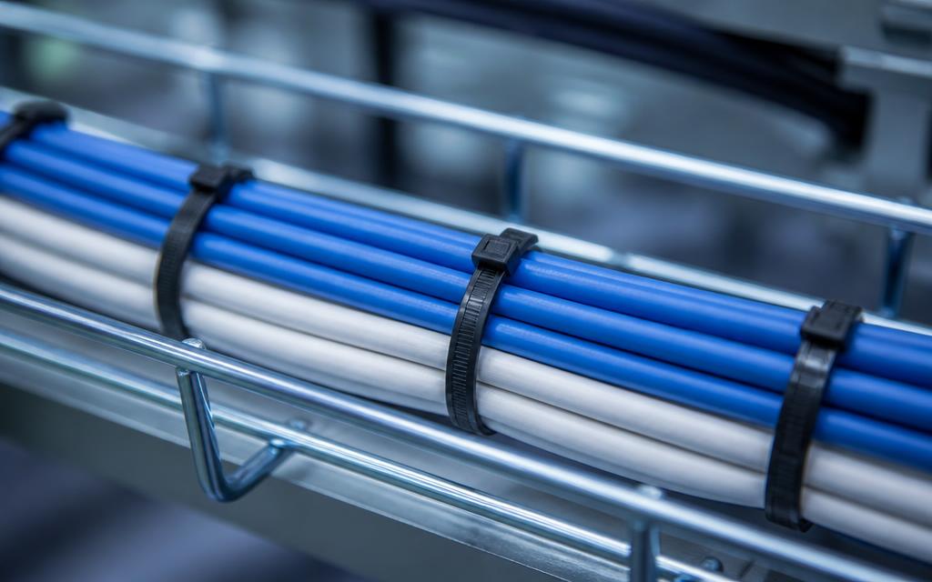 Bundled electrical cables secured with cable ties in a cable tray