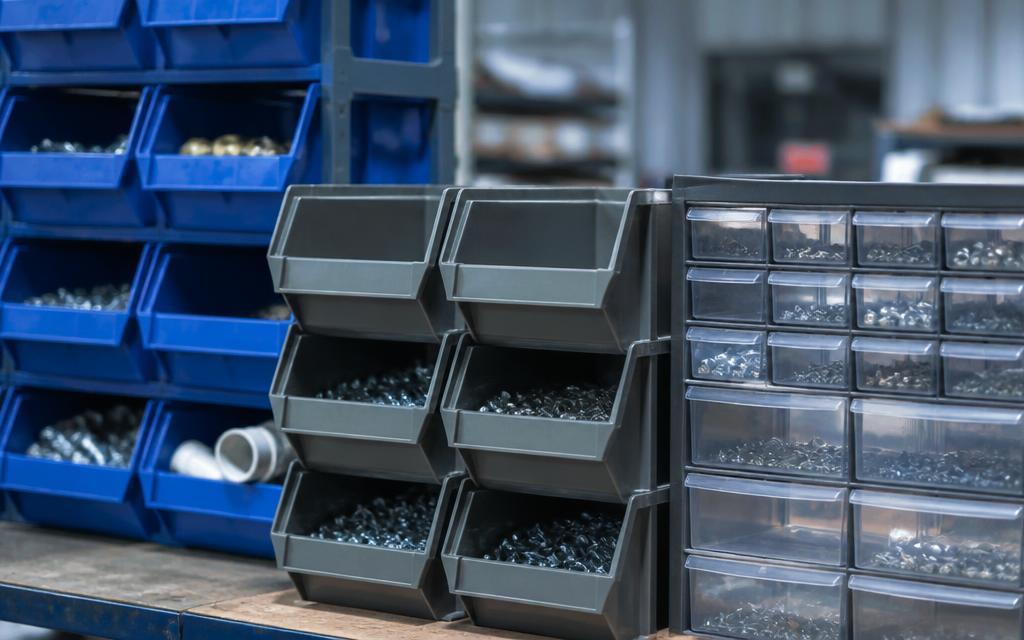 Stacked parts bins and storage organizers on an industrial workbench