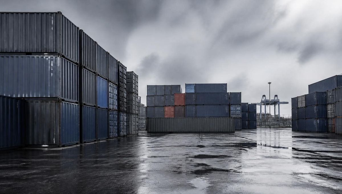 Shipping containers stacked in a freight logistics yard